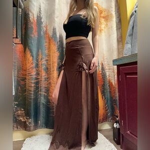 HALARA Brown Maxi Skirt with High Side Slits and Buckle Accents